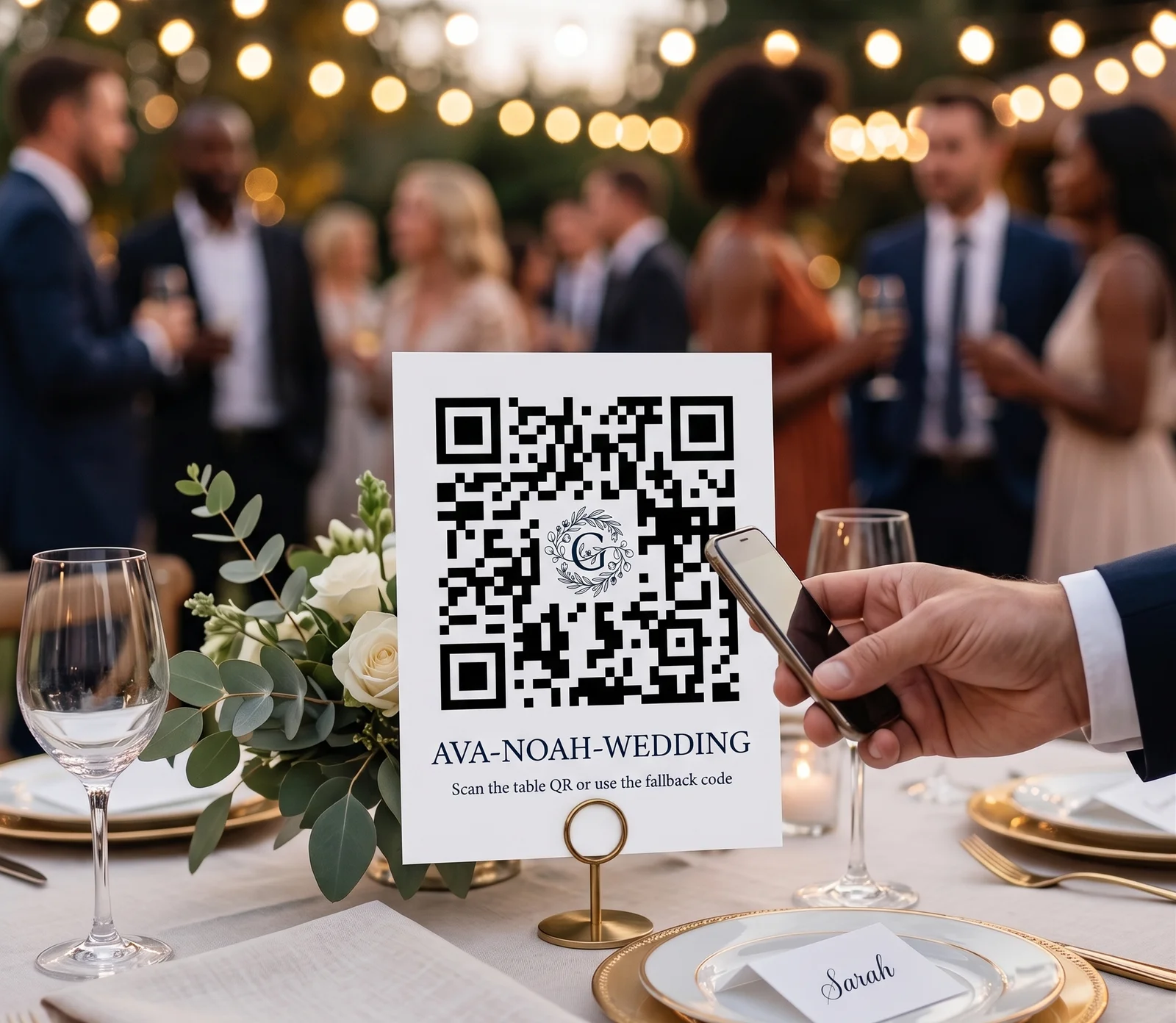 Gather QR code card on a wedding reception table